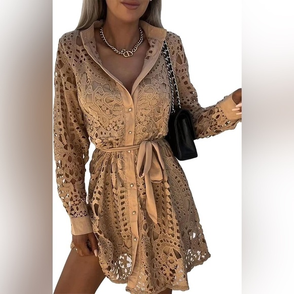 Sexy,V-Neck Lapel, Button-Down,Lace-Paneled Dress,Belted,Perfect, Size L - Picture 3 of 10